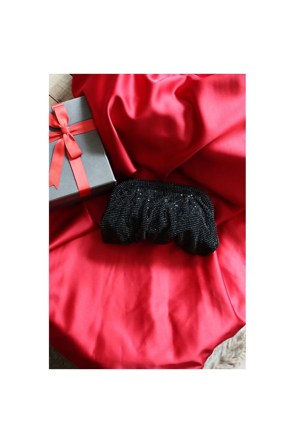 Siyah Taş  Mini Dokuma Burs Detaylı Abiye Çanta