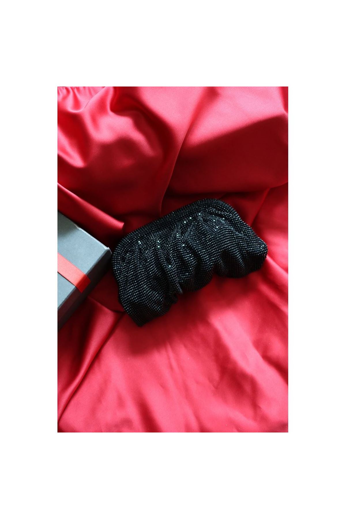 Siyah Taş  Mini Dokuma Burs Detaylı Abiye Çanta