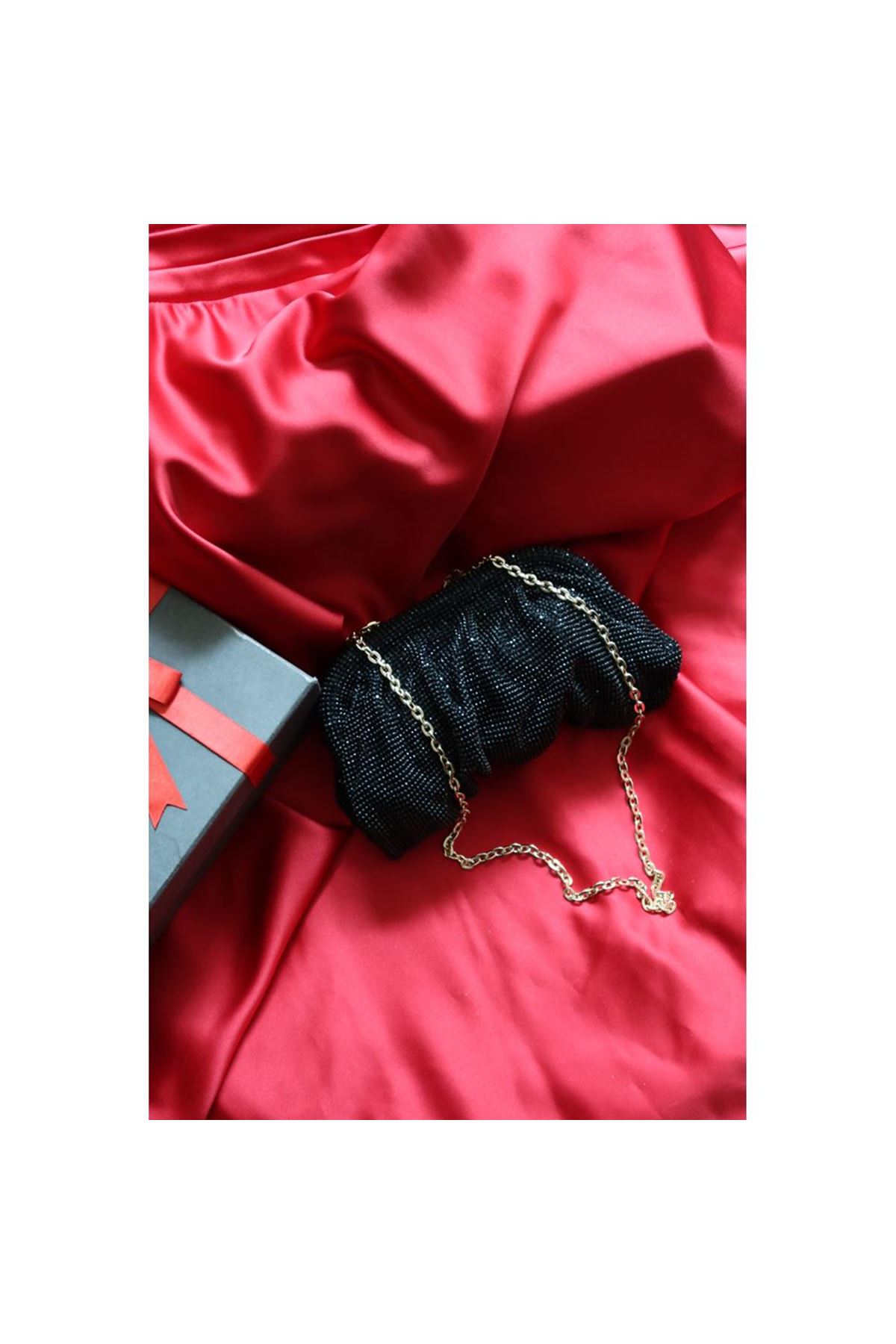 Siyah Taş  Mini Dokuma Burs Detaylı Abiye Çanta