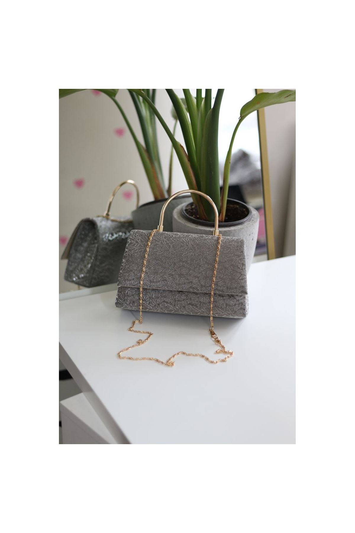 Platin Yaprak Desenli Metal Sap Detaylı El Omuz Çantası