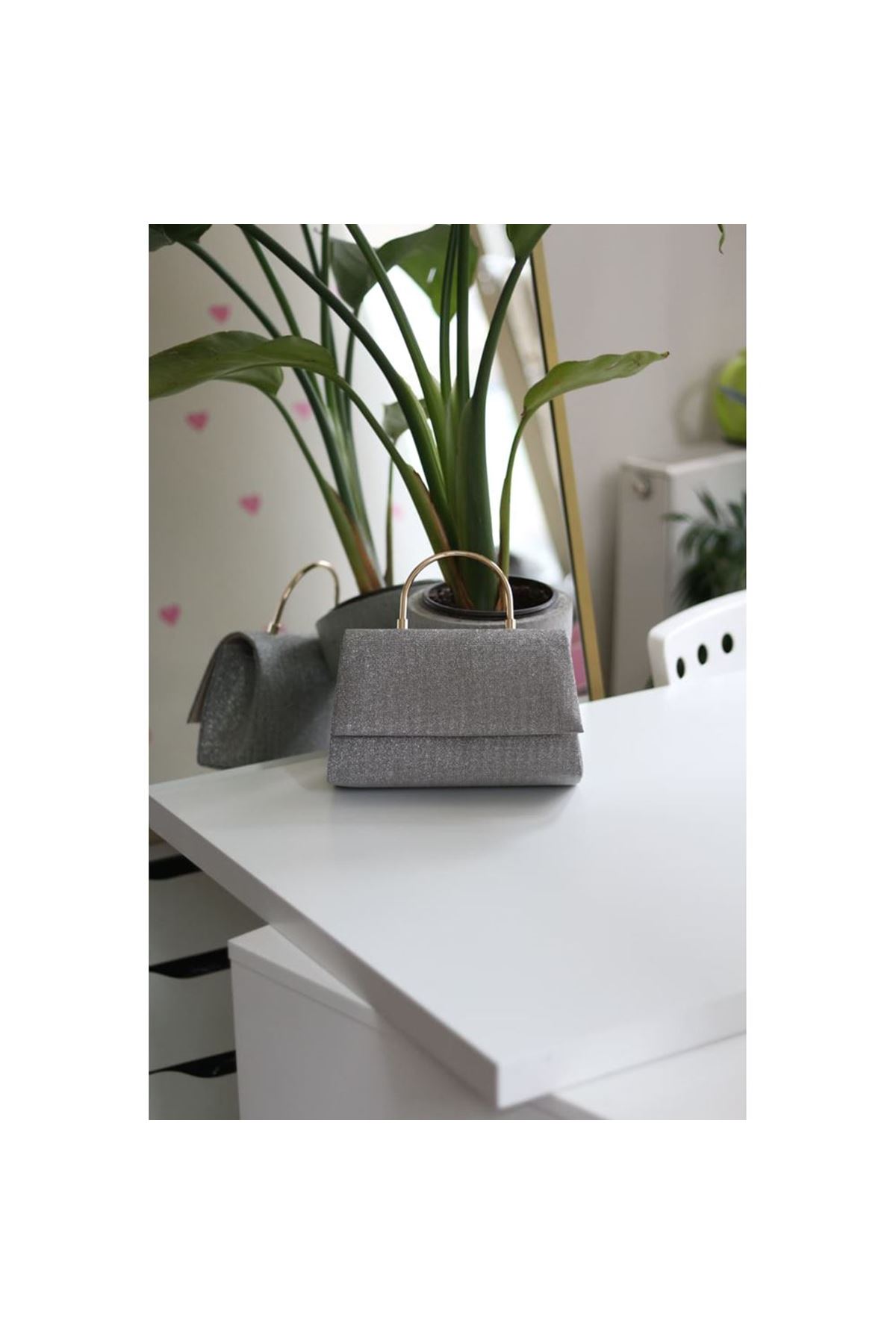 Platin Dokulu Metal Sap Detaylı El &amp;amp; Omuz Çantası