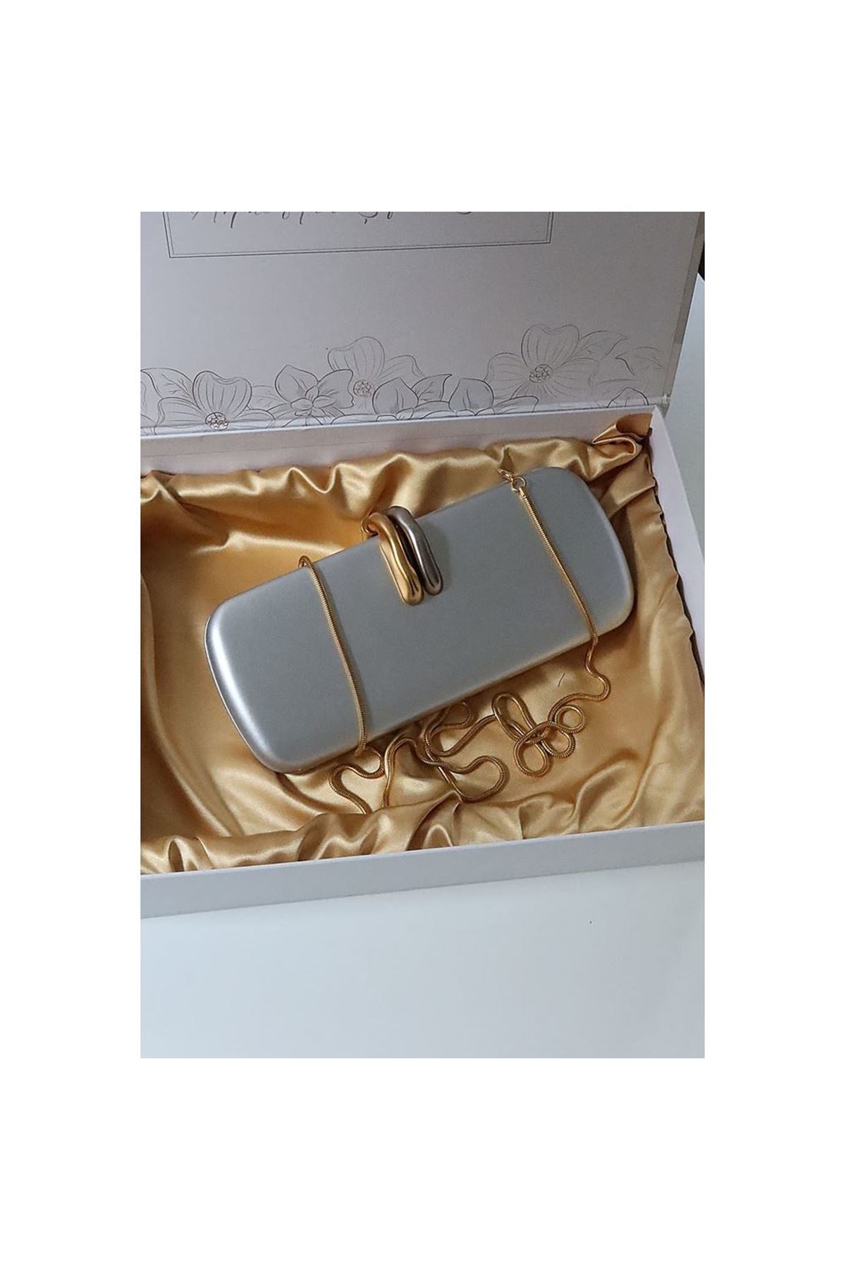 silver metal aksesuar detaylı zincirli slim abiye el omuz çantası