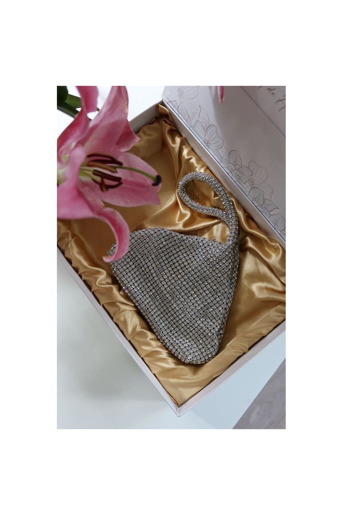 silver taşlı üçgen form abiye el çantası