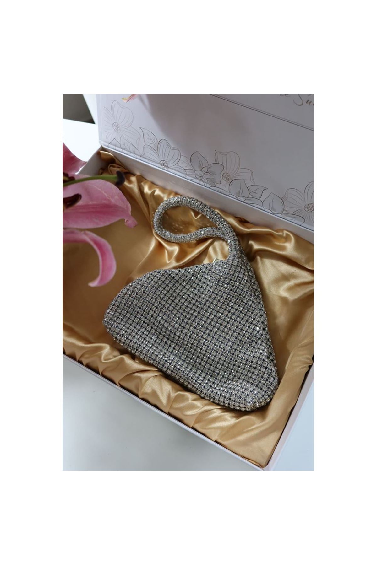 silver taşlı üçgen form abiye el çantası