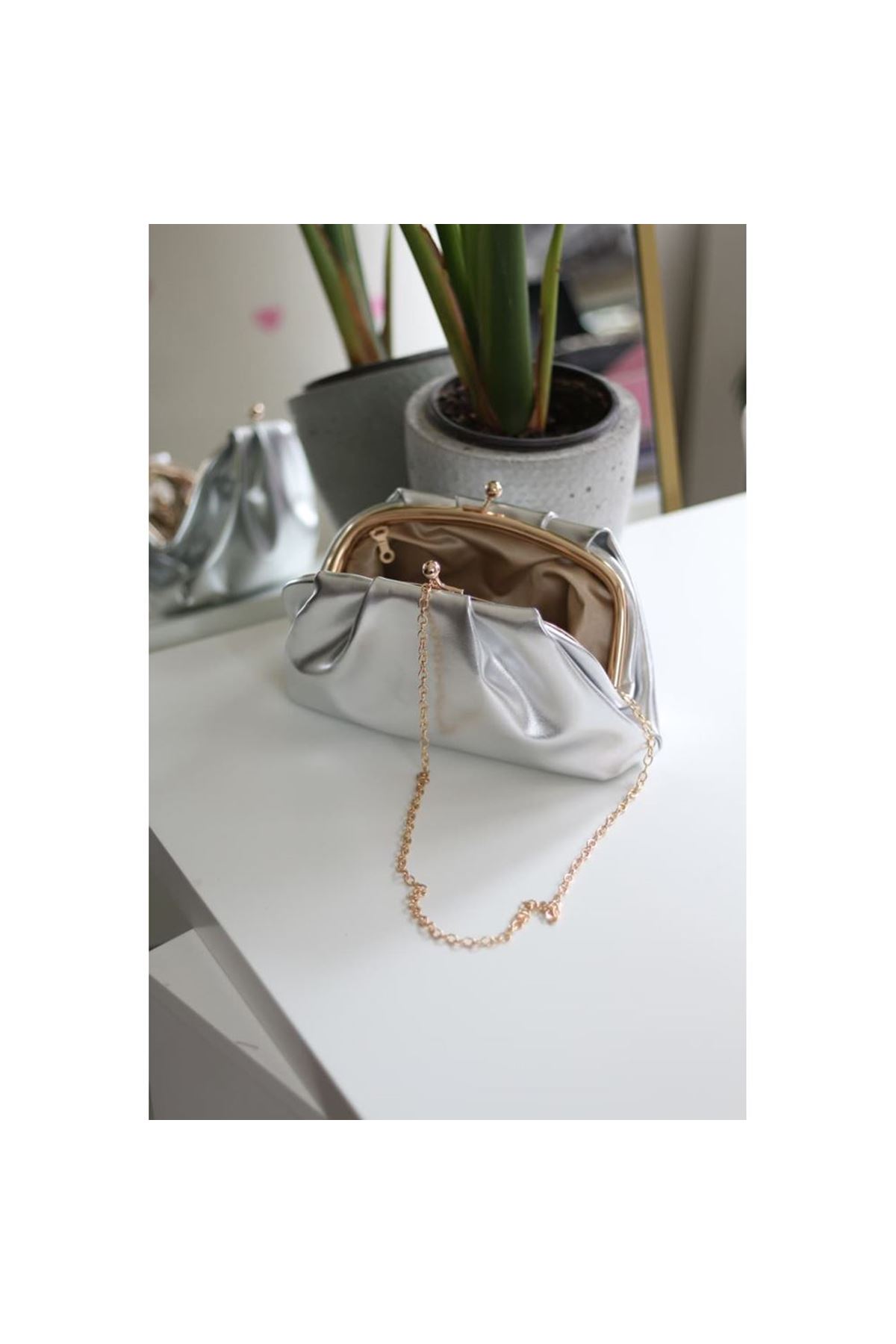 Silver gold burslu mini pouch el omuz çantası