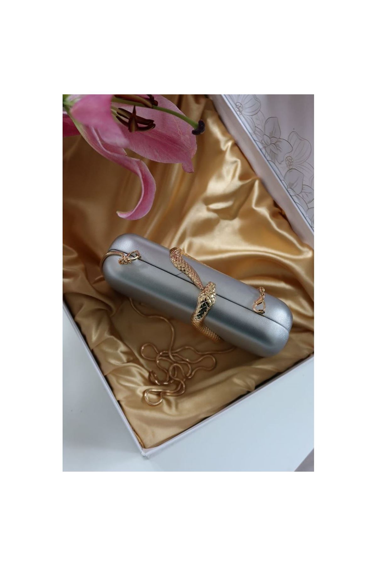 Silver yılan aksesuar detaylı kasa zincirli abiye çanta