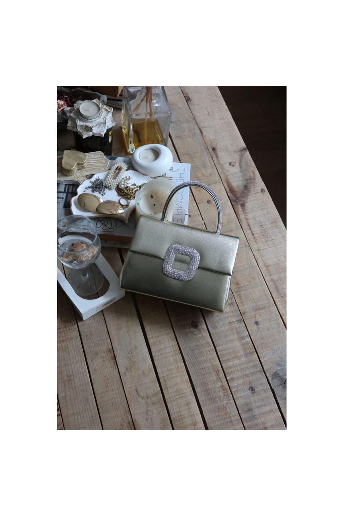 Gold Parlak Kare Taş Toka Aksesuarlı Taşlı Tutma Kulplu Abiye El Çantası Omuz Çantası