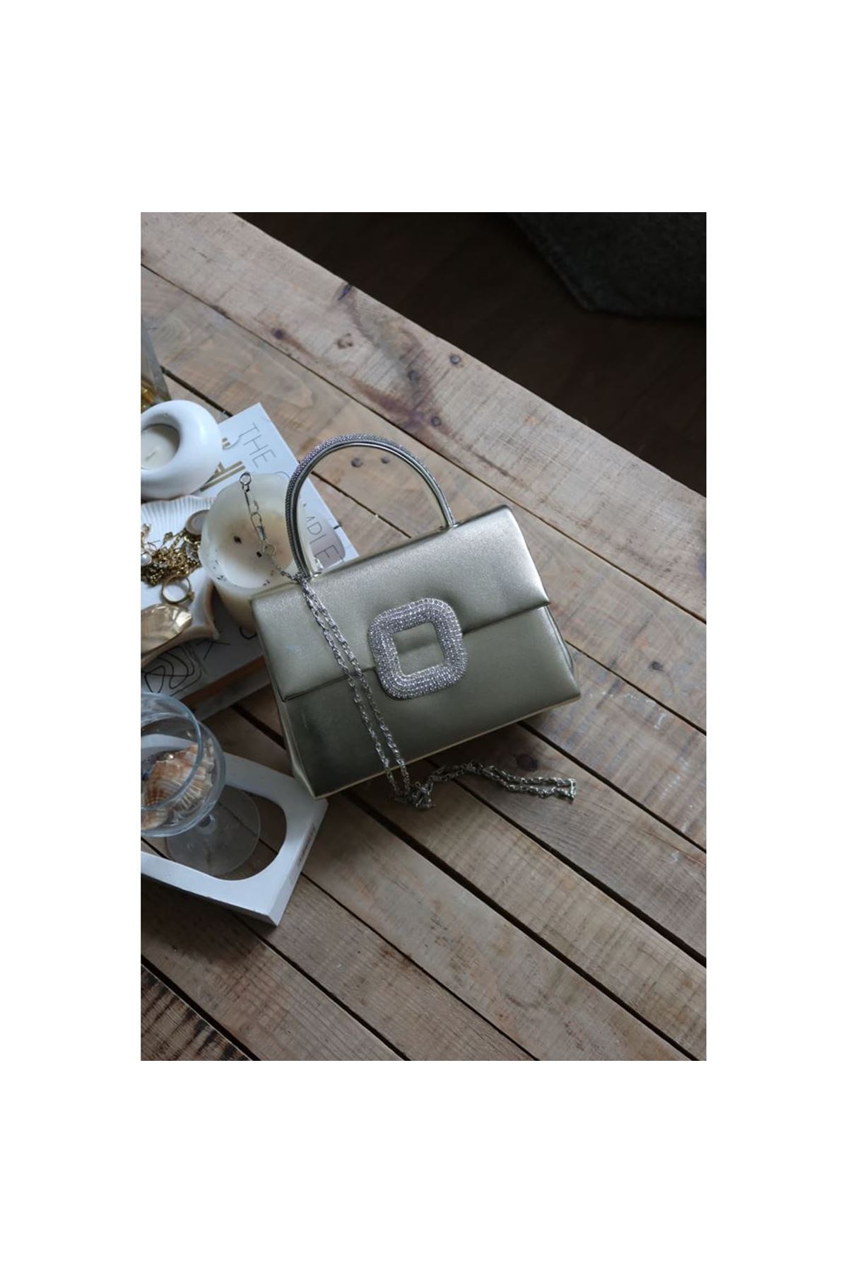 Gold Parlak Kare Taş Toka Aksesuarlı Taşlı Tutma Kulplu Abiye El Çantası Omuz Çantası