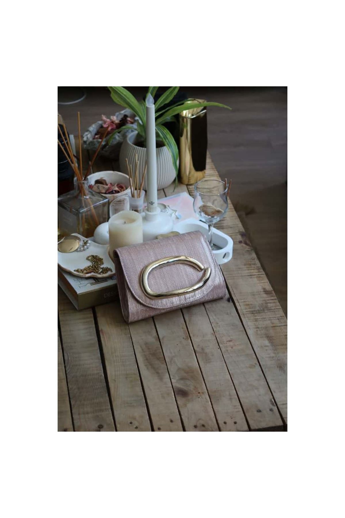 rose gold çizgi doku tutma aksesuarlı abiye el çantası