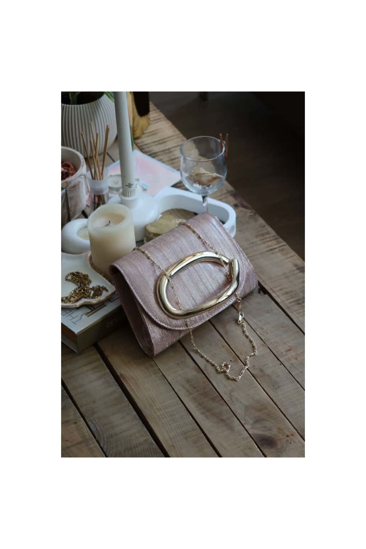 rose gold çizgi doku tutma aksesuarlı abiye el çantası
