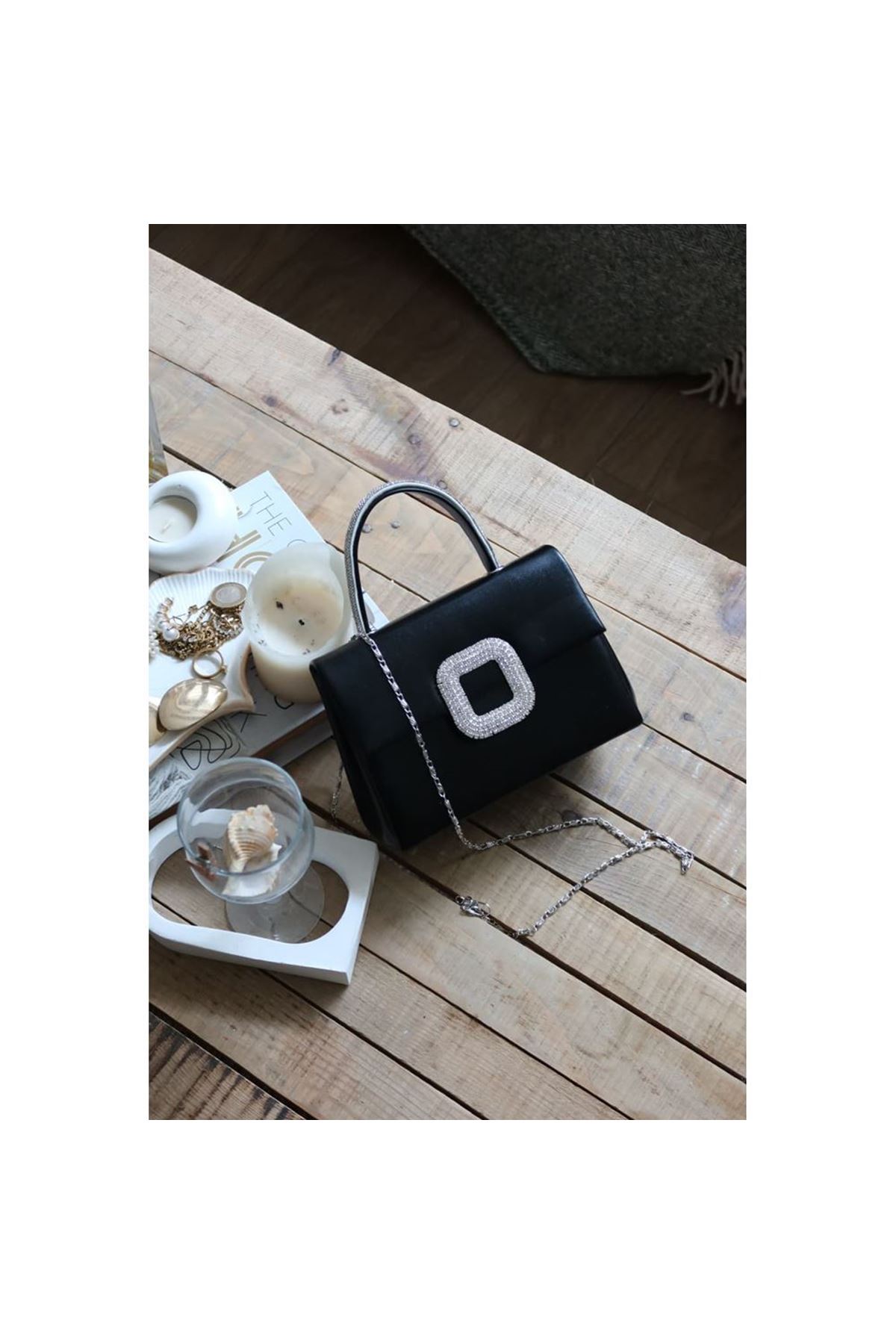 Siyah Parlak Kare Taş Toka Aksesuarlı Taşlı Tutma Kulplu Abiye El Çantası Omuz Çantası