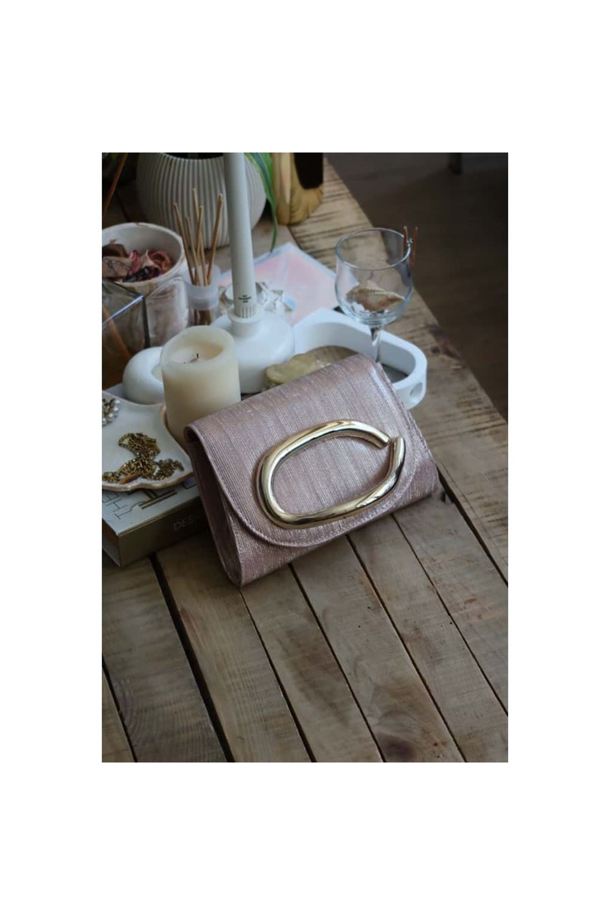 rose gold çizgi doku tutma aksesuarlı abiye el çantası