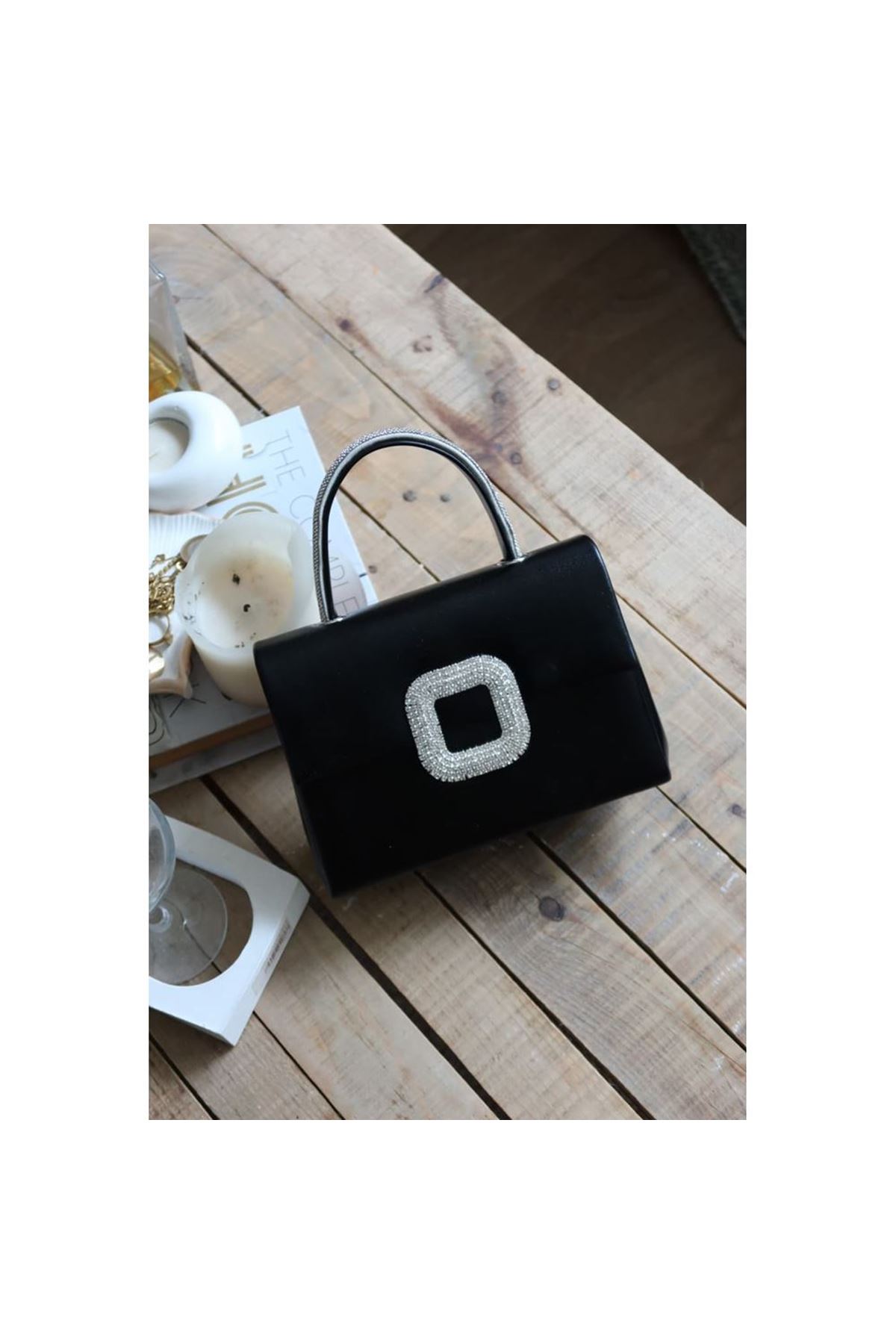 Siyah Parlak Kare Taş Toka Aksesuarlı Taşlı Tutma Kulplu Abiye El Çantası Omuz Çantası