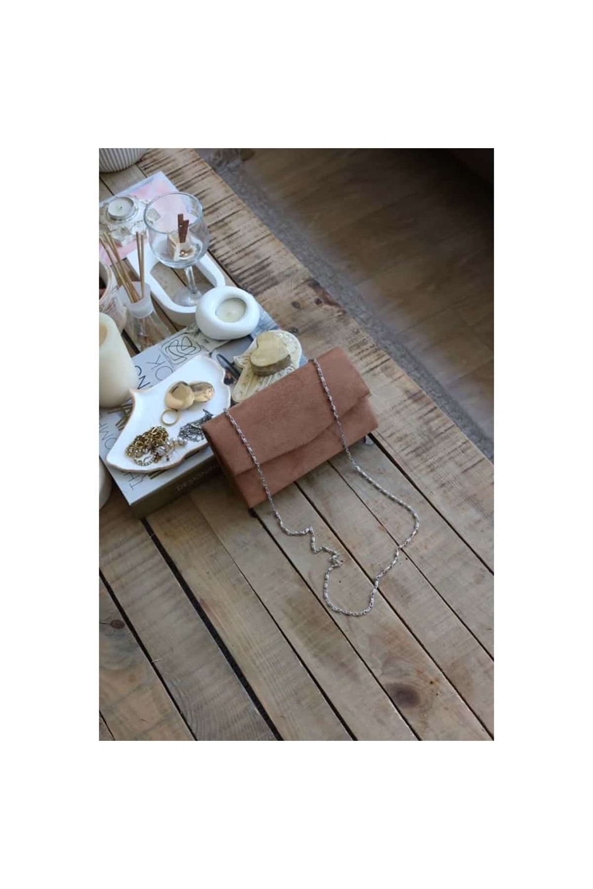 süet camel  mini kutu omuz çantası