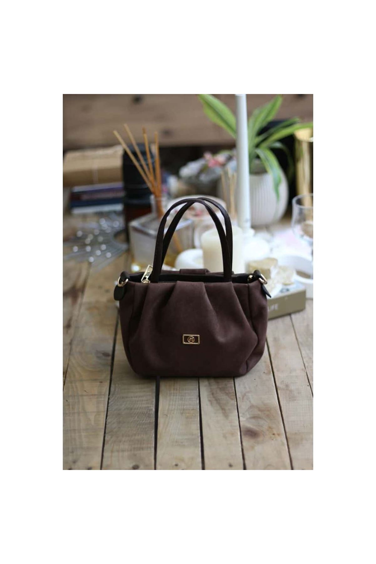 acı kahve süet büzgü doku çift kulplu el omuz çantası