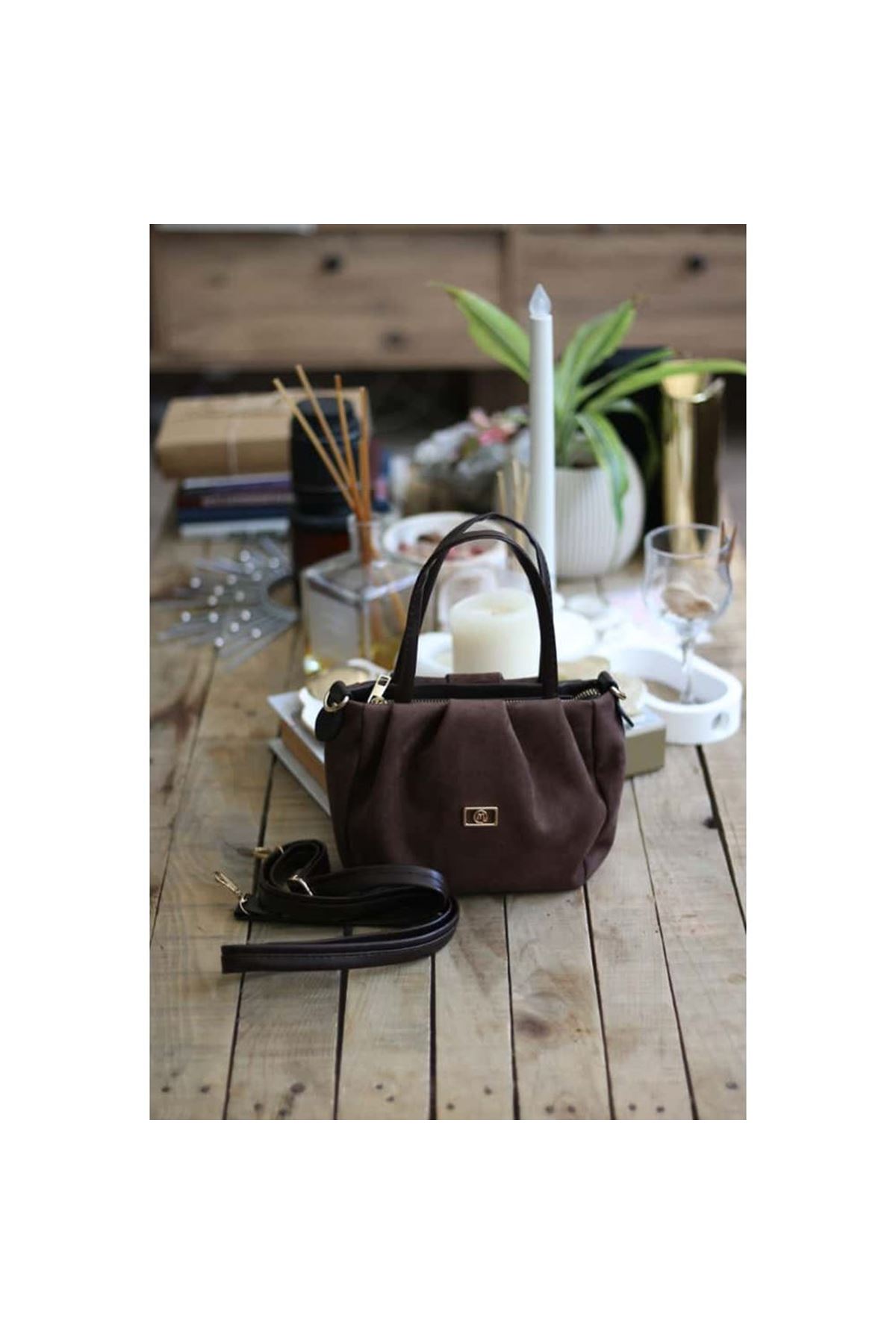 acı kahve süet büzgü doku çift kulplu el omuz çantası