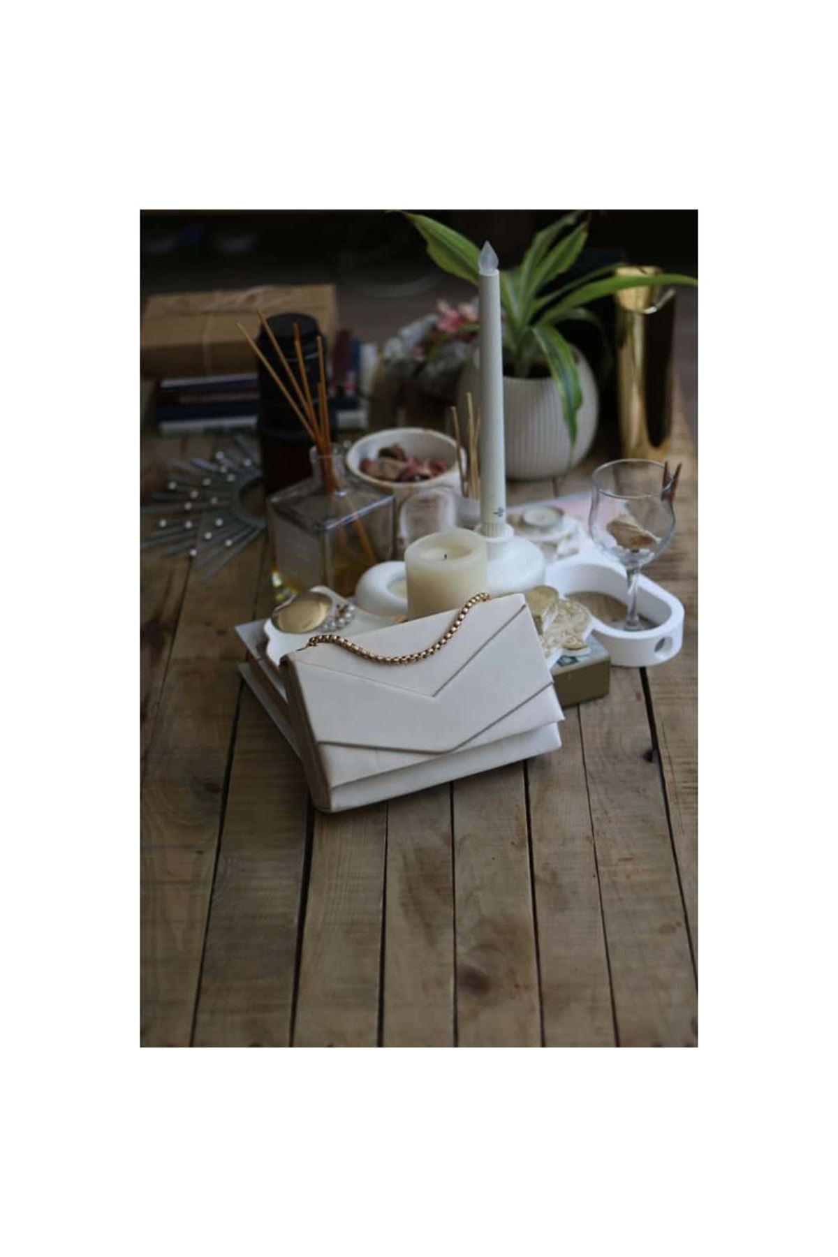 Krem Saten Zarf Kutu Omuz Çantası