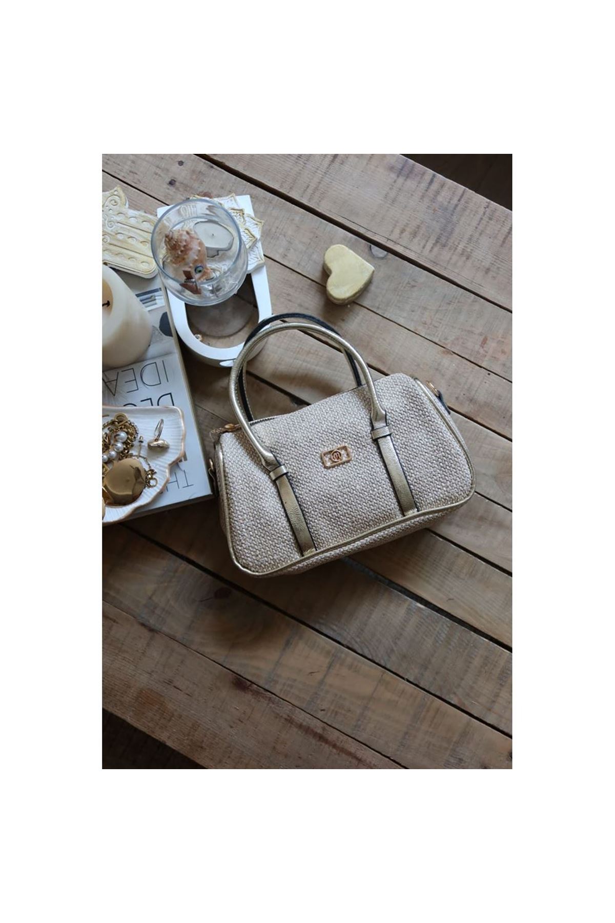 Gold Hasır Doku Çift Şeritli El Omuz Çantası