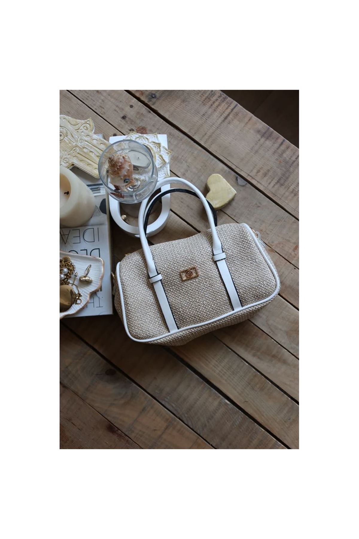 Beyaz Hasır Doku Çift Şeritli El Omuz Çantası