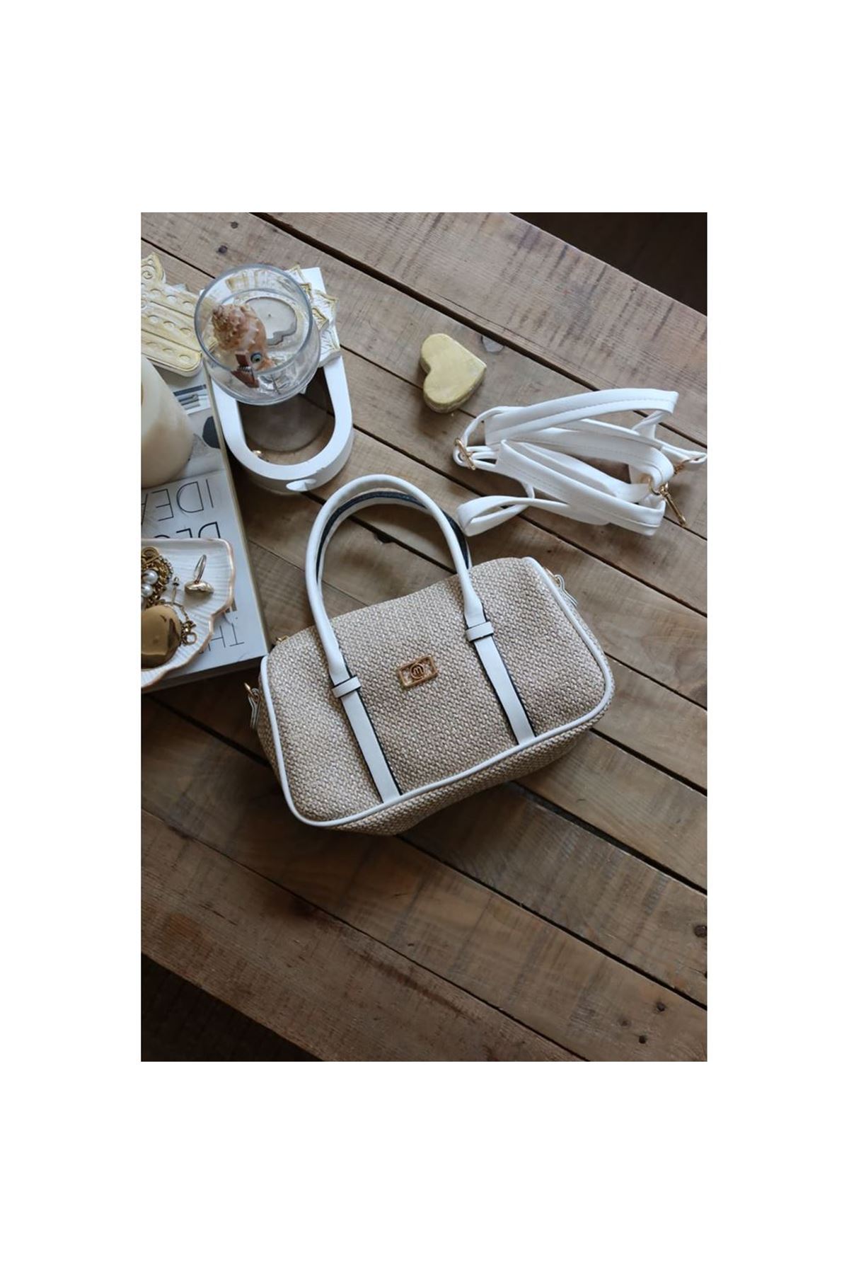 Beyaz Hasır Doku Çift Şeritli El Omuz Çantası