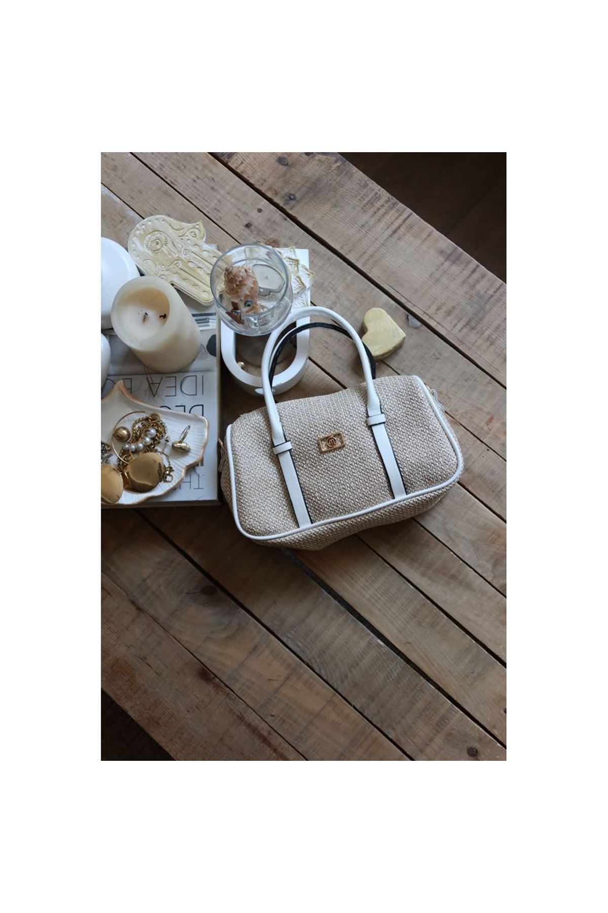 Beyaz Hasır Doku Çift Şeritli El Omuz Çantası