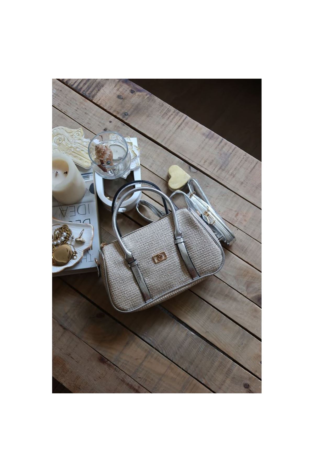 Silver Hasır Doku Çift Şeritli El Omuz Çantası