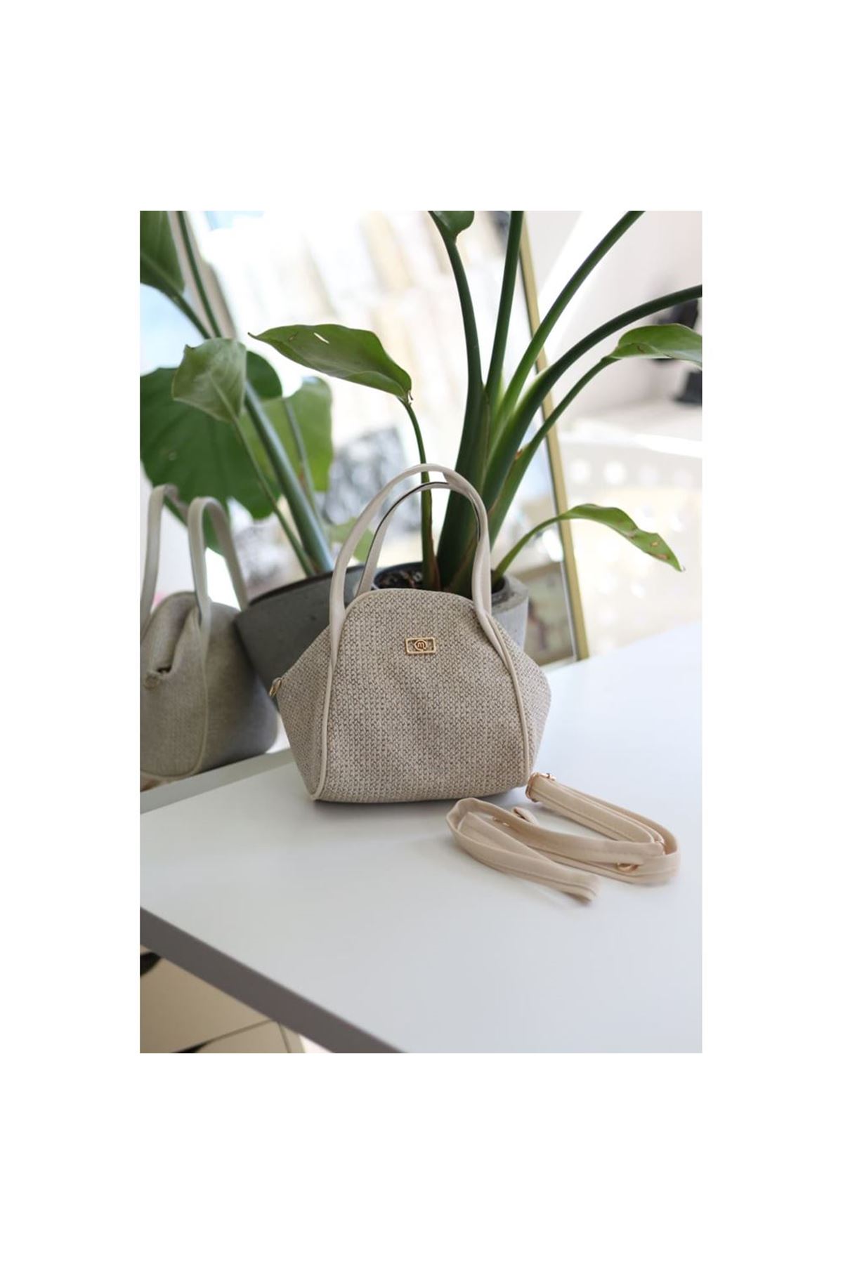 Krem Hasır Doku Çift Saplı Askılı Omuz Çantası