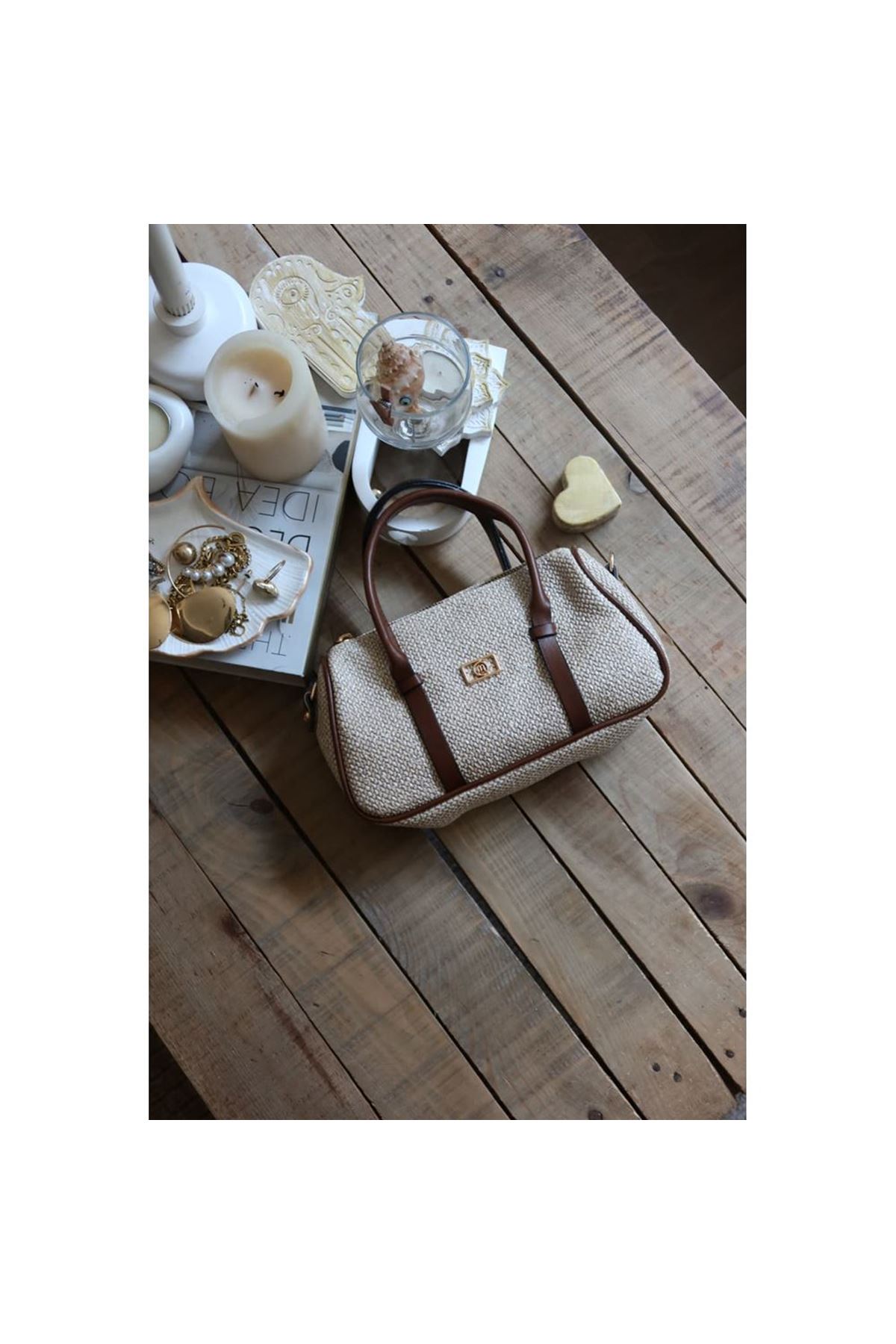 Taba Hasır Doku Çift Şeritli El Omuz Çantası