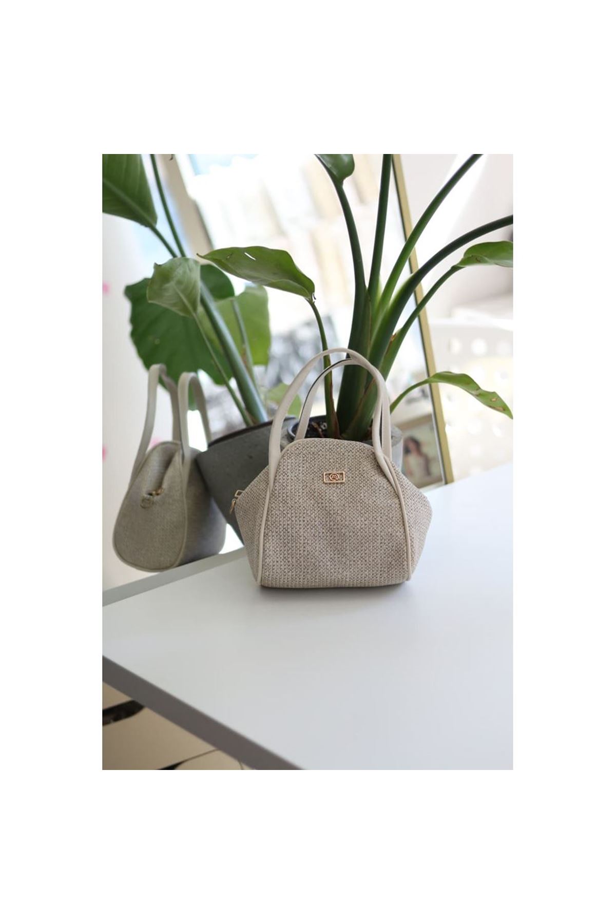 Krem Hasır Doku Çift Saplı Askılı Omuz Çantası