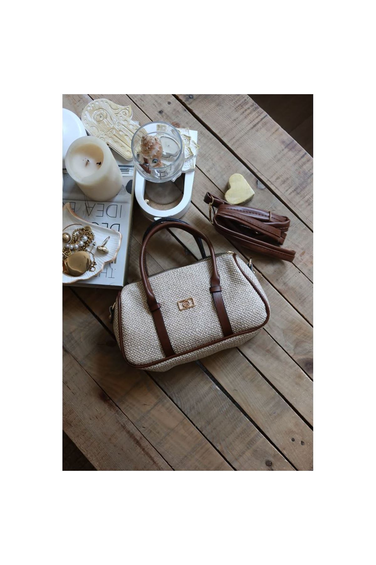 Taba Hasır Doku Çift Şeritli El Omuz Çantası