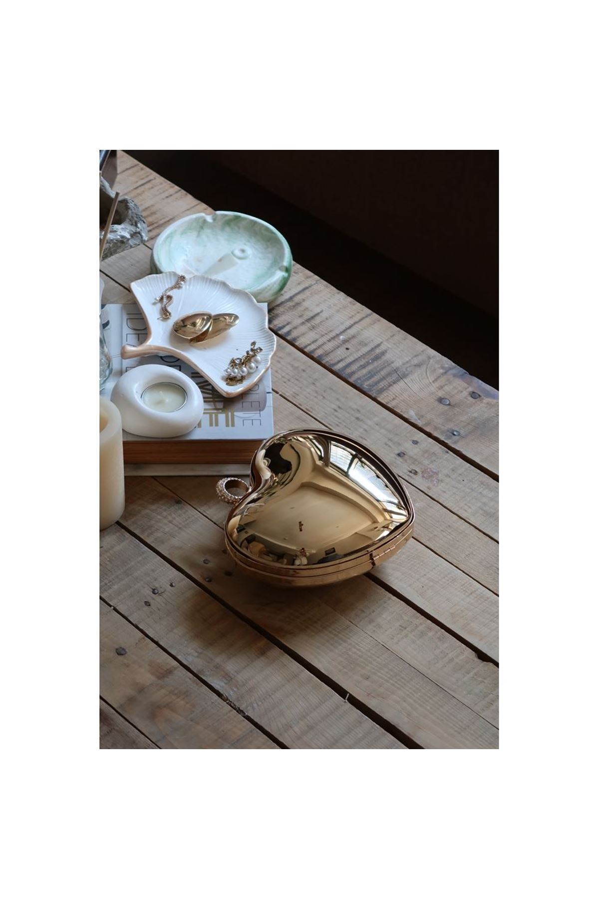 Gold Metal Kalp Zincirli El Omuz Çantası