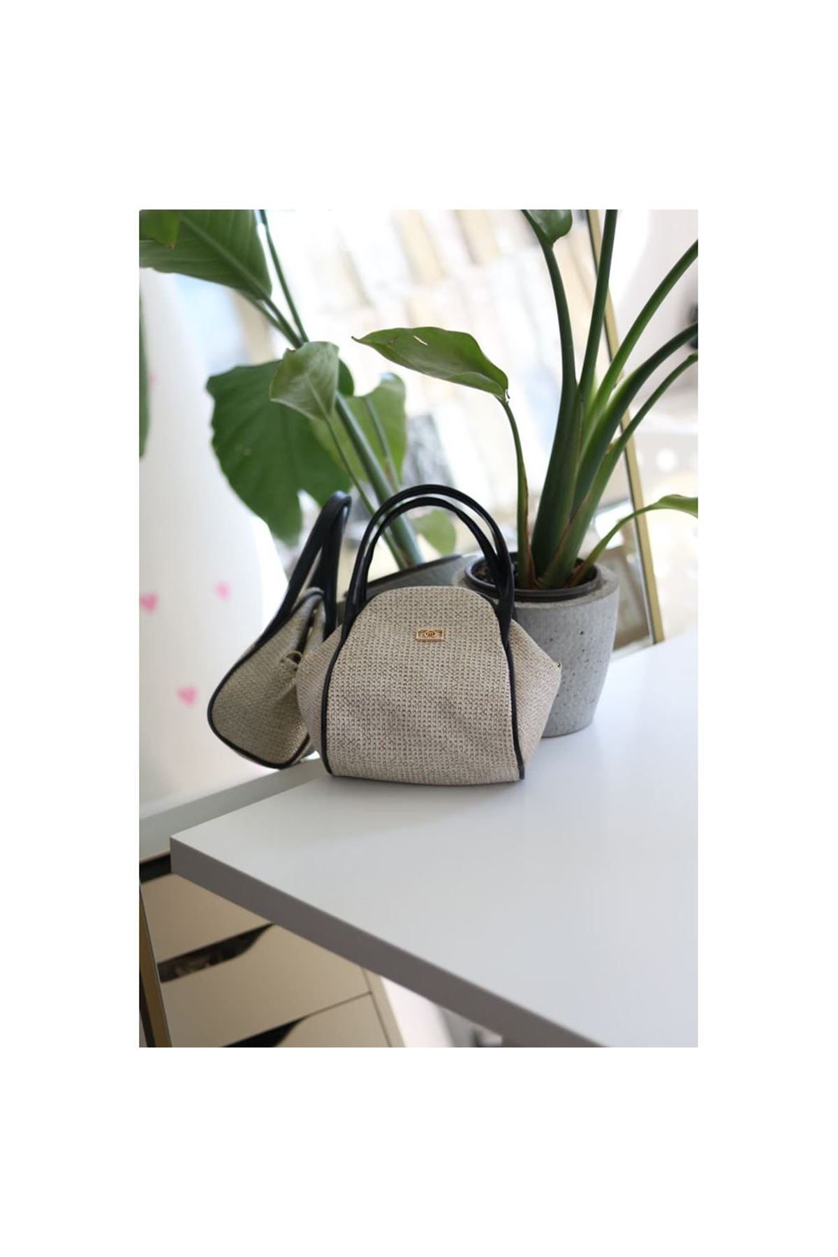 Siyah Hasır Doku Çift Saplı Askılı Omuz Çantası