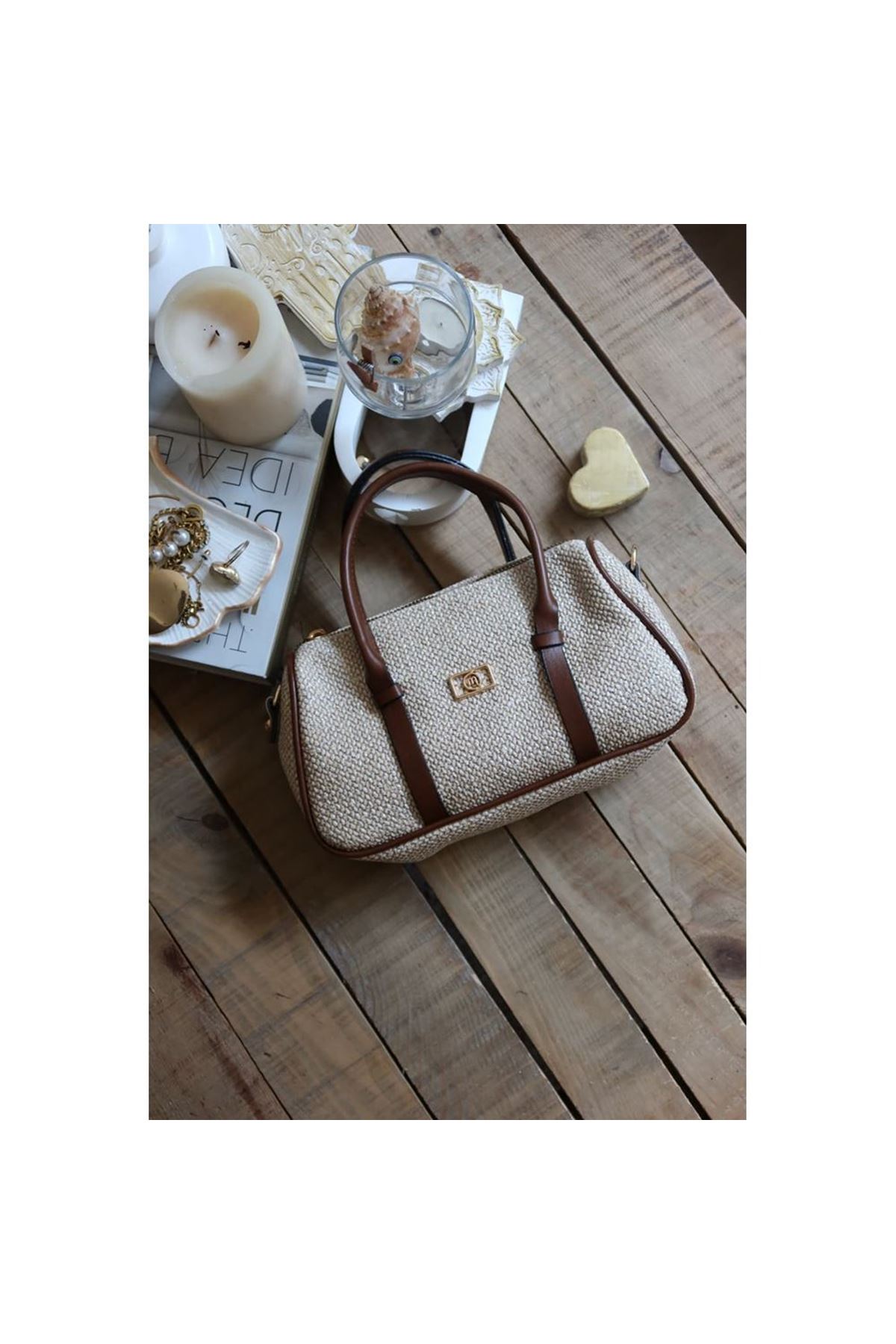 Taba Hasır Doku Çift Şeritli El Omuz Çantası