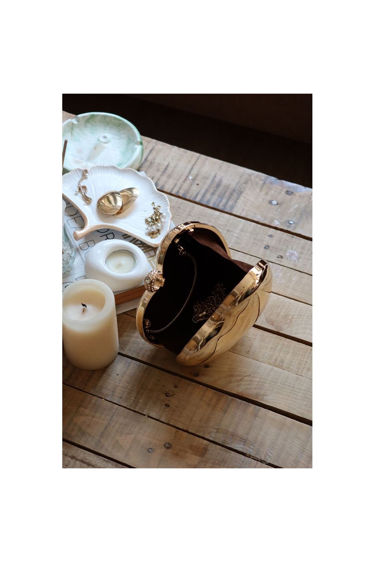 Gold Metal Kalp Zincirli El Omuz Çantası