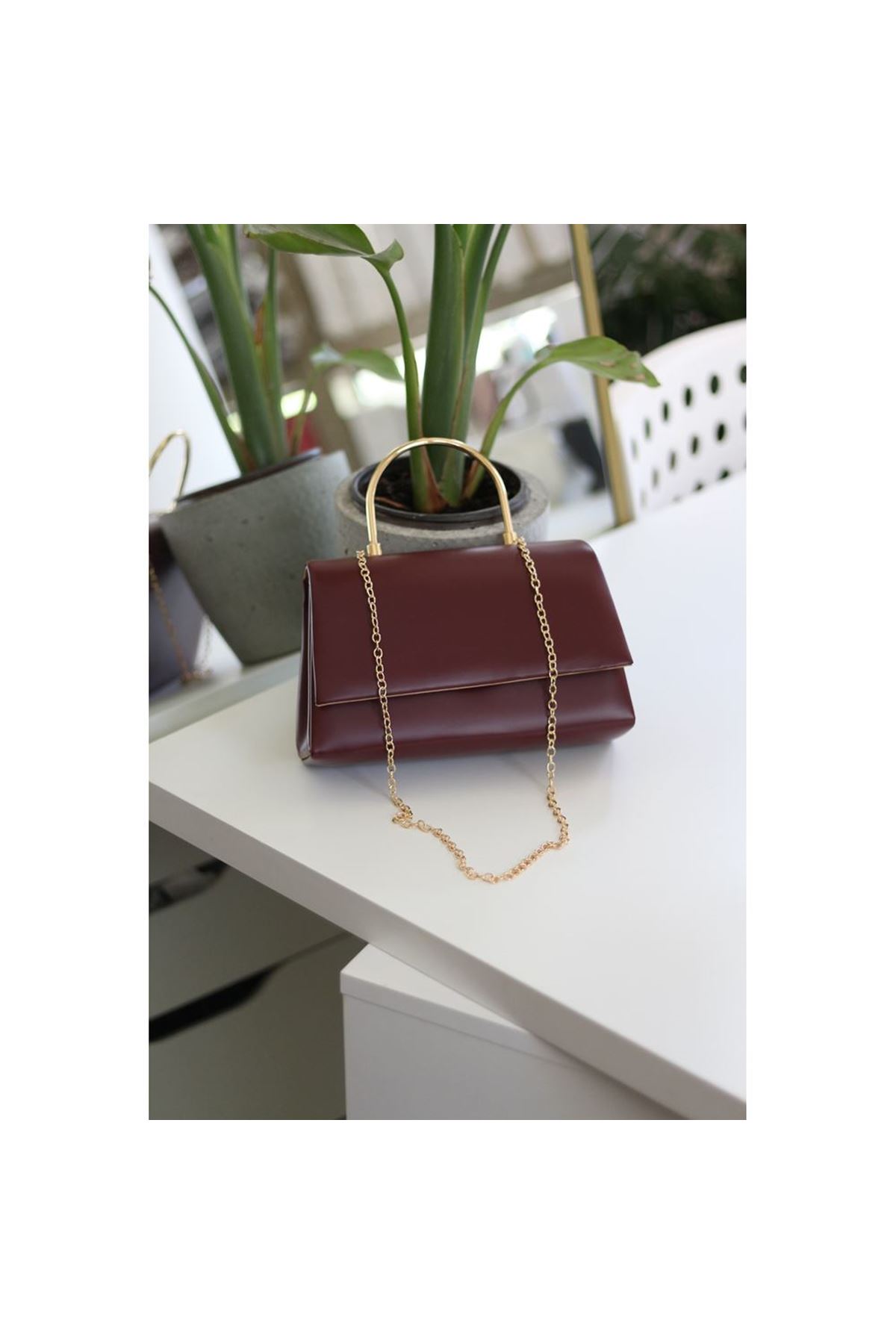 Bordo Deri Metal Sap Detaylı El &amp;amp; Omuz Çantası