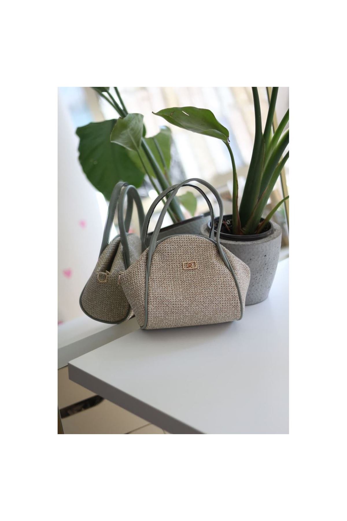 Mint Yeşilli Hasır Doku Çift Saplı Askılı Omuz Çantası