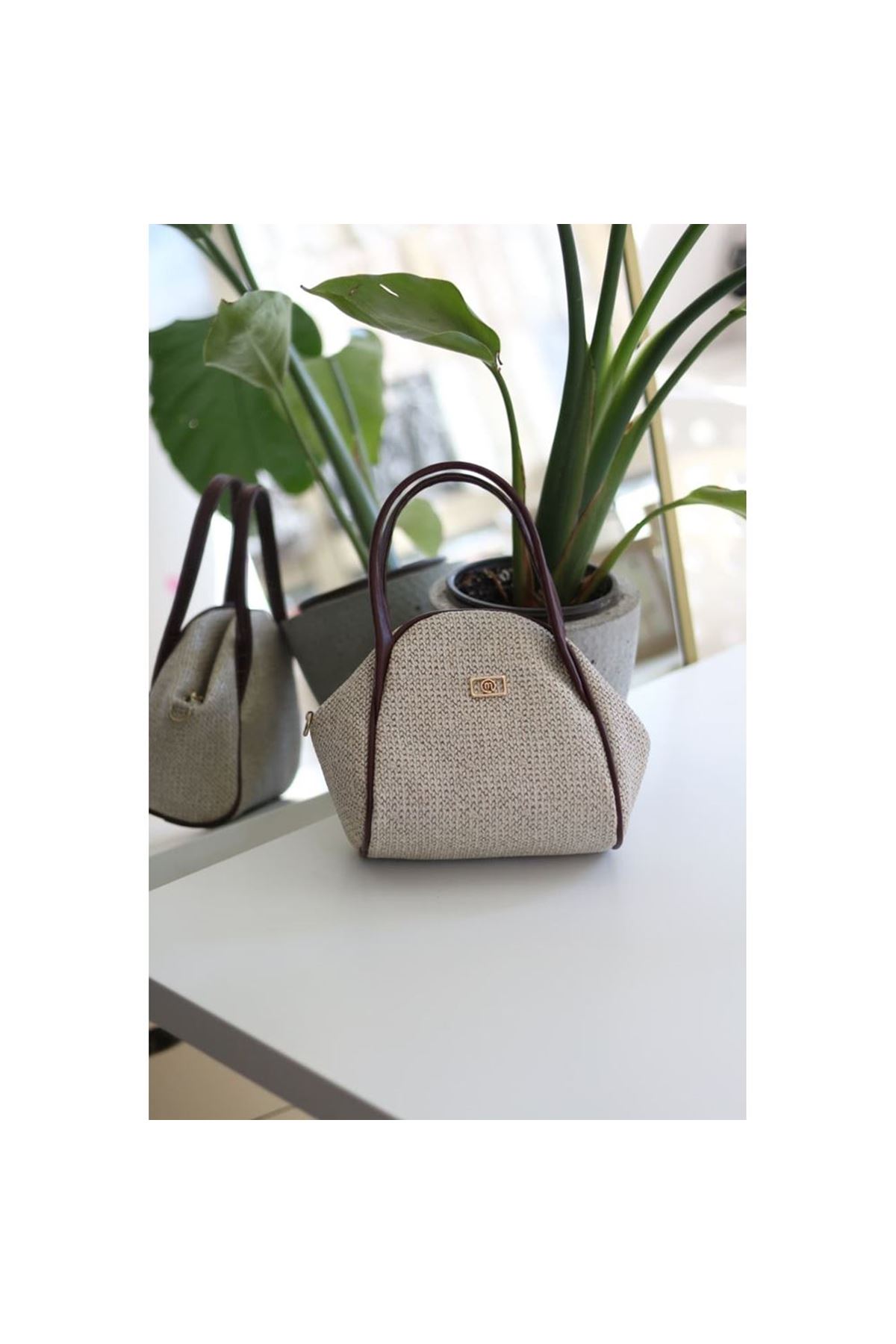 Bordo Hasır Doku Çift Saplı Askılı Omuz Çantası