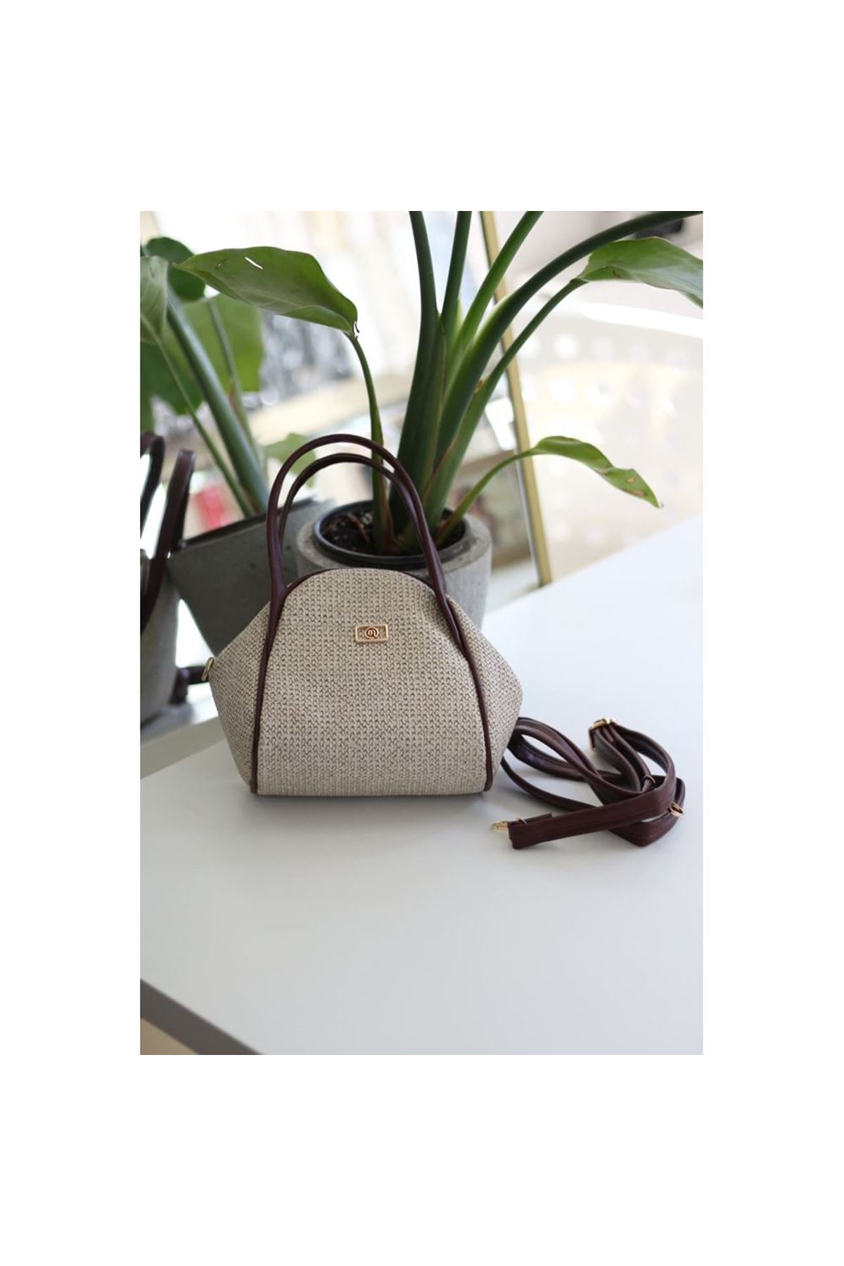 Bordo Hasır Doku Çift Saplı Askılı Omuz Çantası