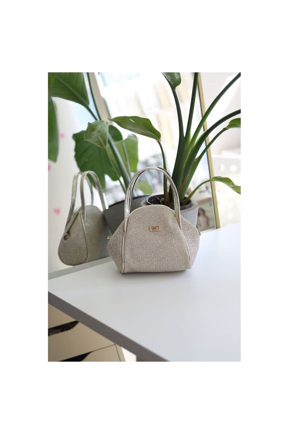 Gold Hasır Doku Çift Saplı Askılı Omuz Çantası