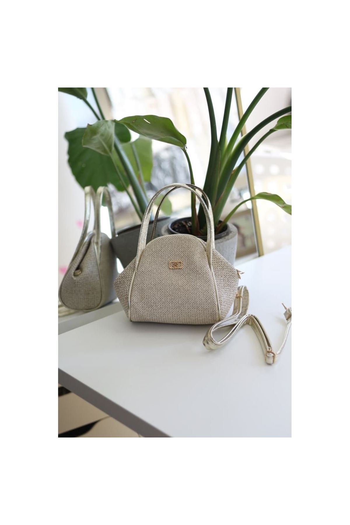 Gold Hasır Doku Çift Saplı Askılı Omuz Çantası