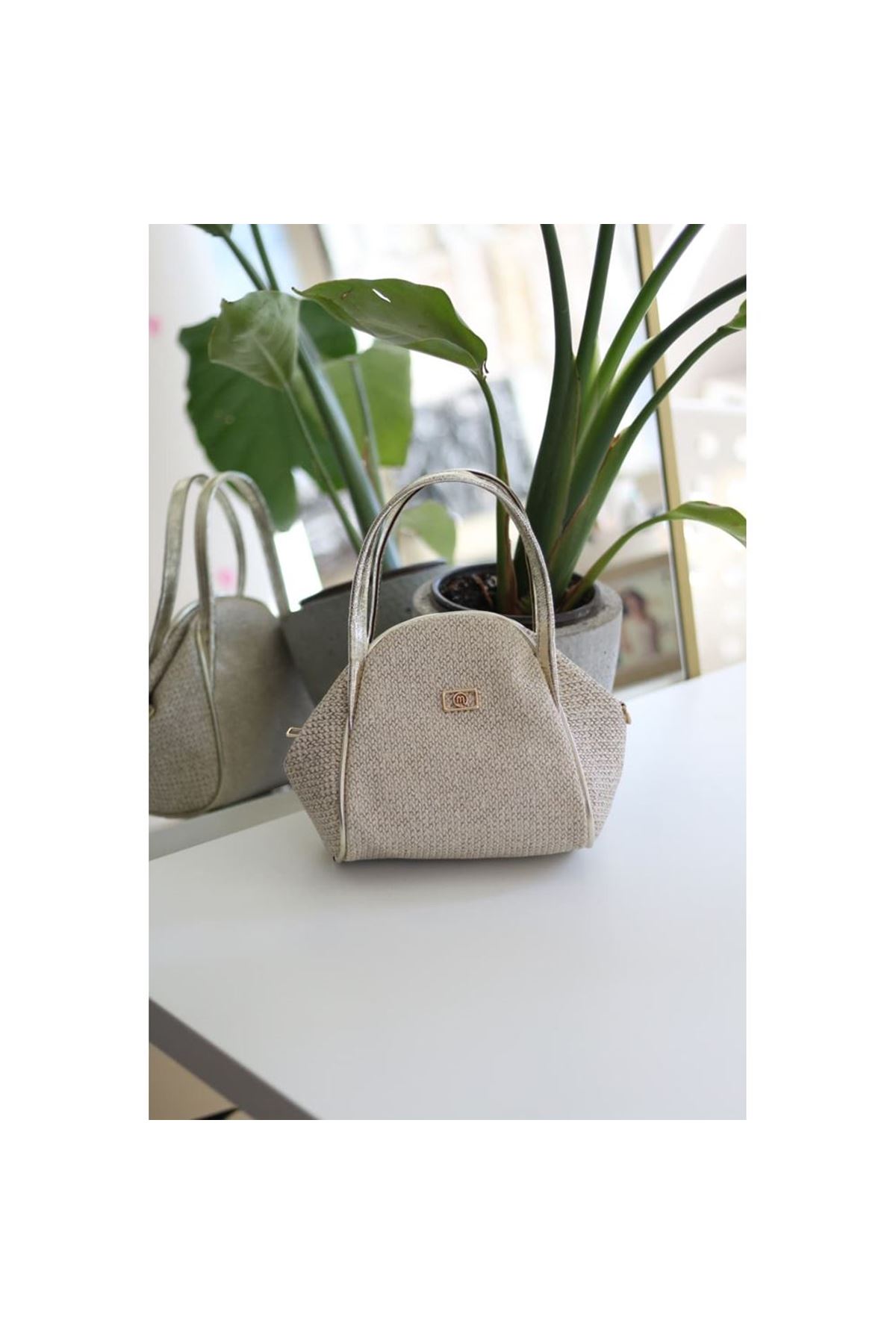 Gold Hasır Doku Çift Saplı Askılı Omuz Çantası