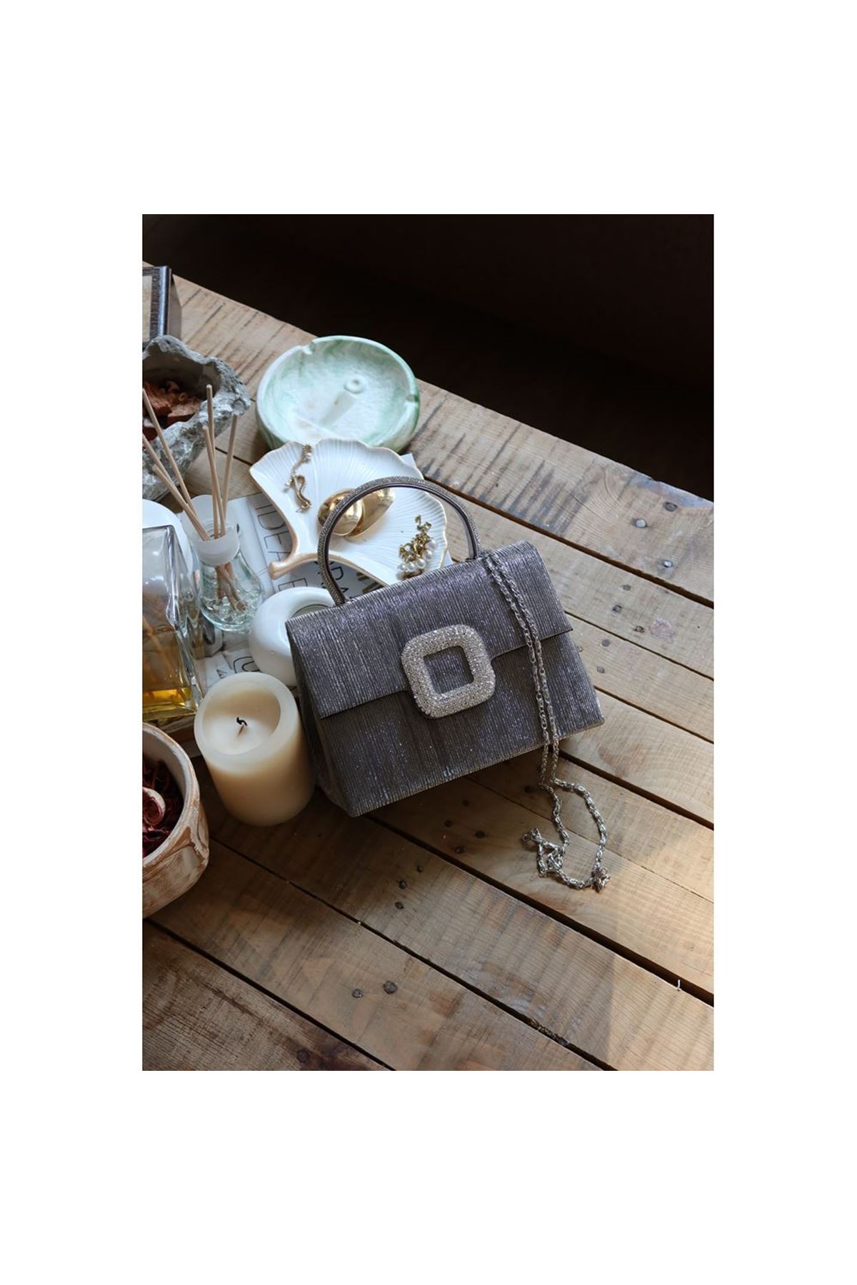 Platin Toka Detaylı Tutma Saplı Zincirli El Omuz Çantası