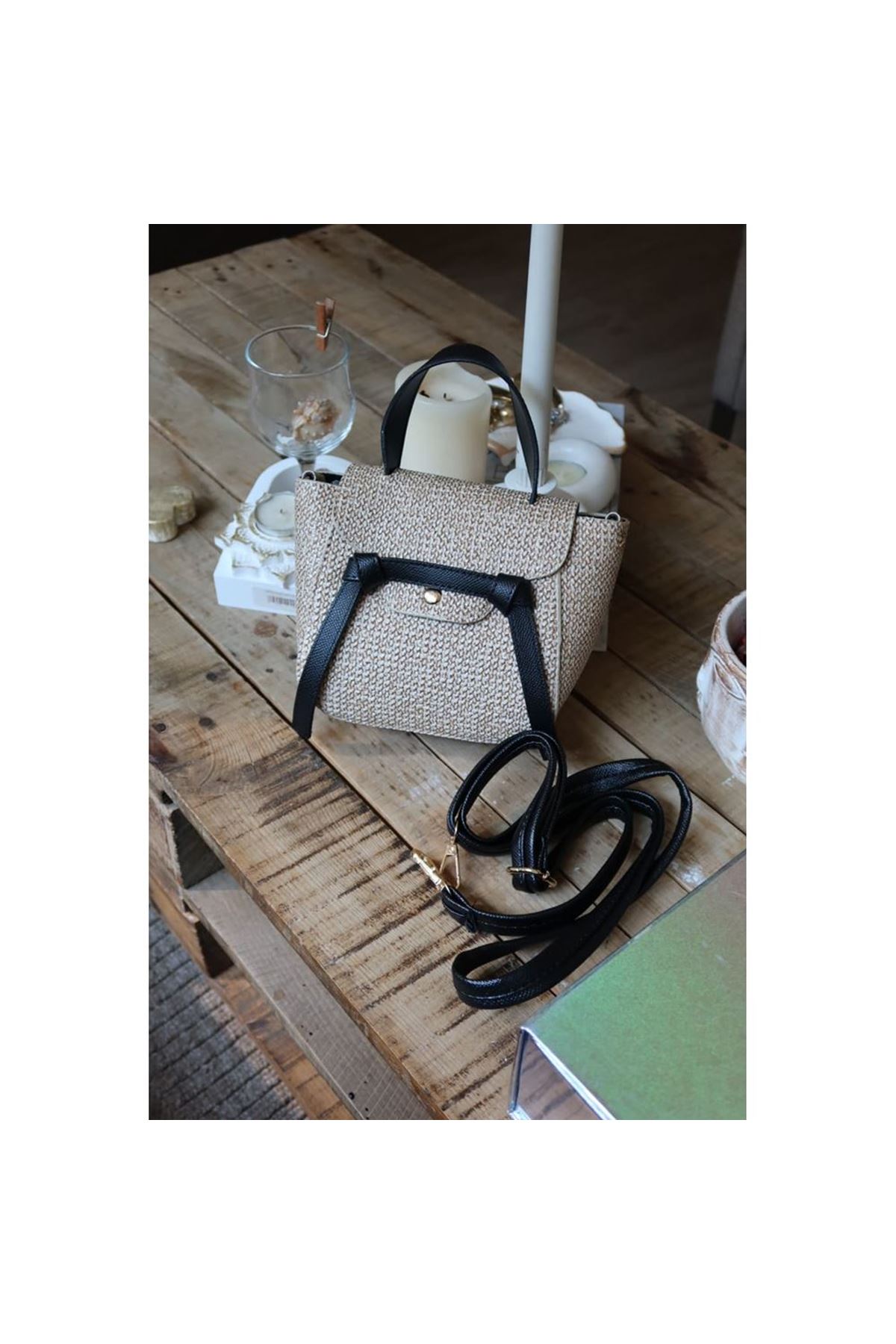 Siyah hasır doku şerit detaylı tutma saplı el omuz çantası