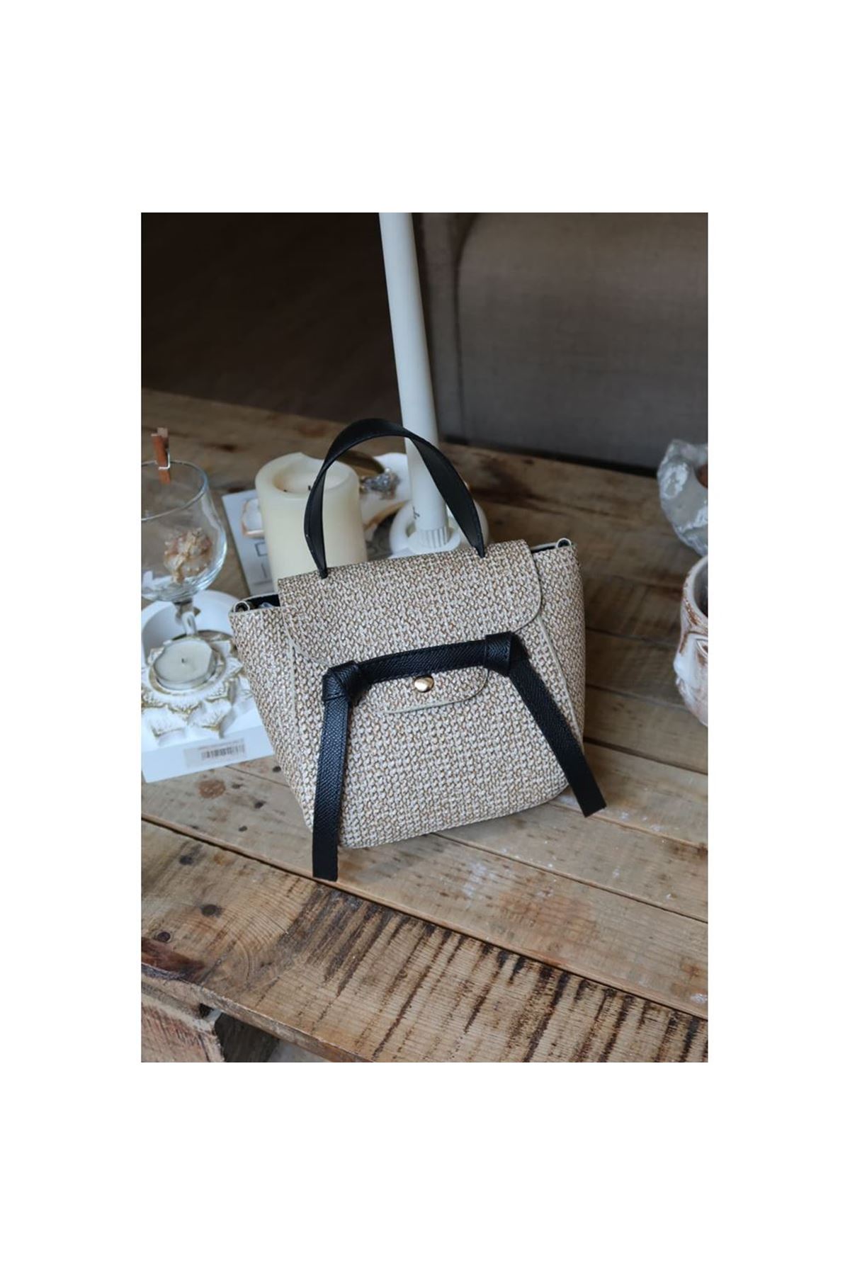 Siyah hasır doku şerit detaylı tutma saplı el omuz çantası