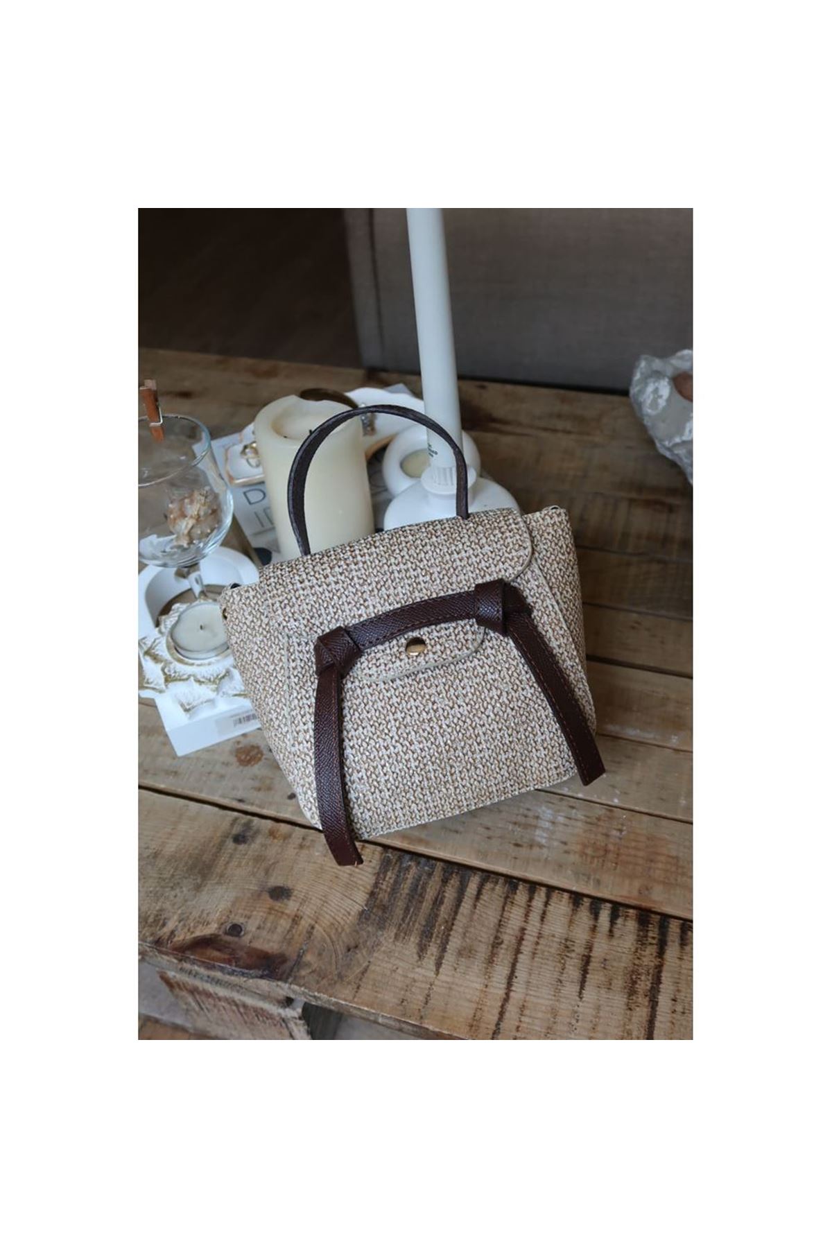 Acı Kahve hasır doku şerit detaylı tutma saplı el omuz çantası