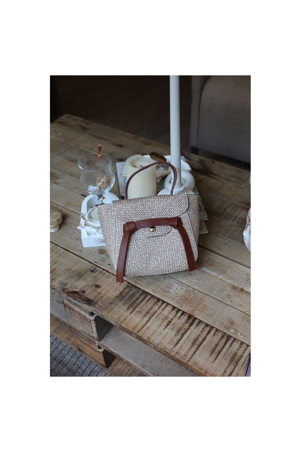 Taba hasır doku şerit detaylı tutma saplı el omuz çantası