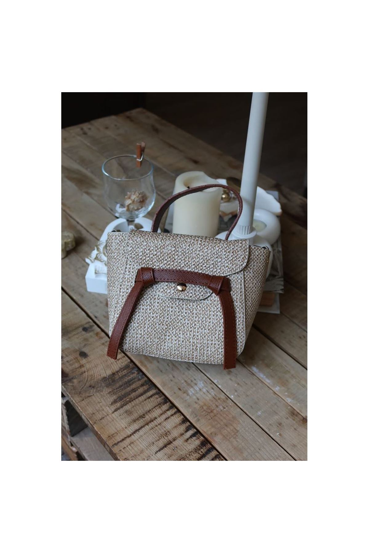 Taba hasır doku şerit detaylı tutma saplı el omuz çantası