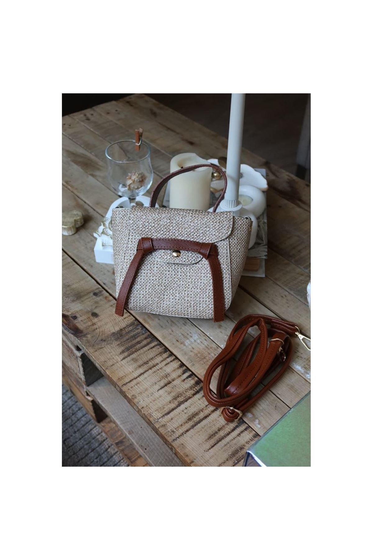 Taba hasır doku şerit detaylı tutma saplı el omuz çantası