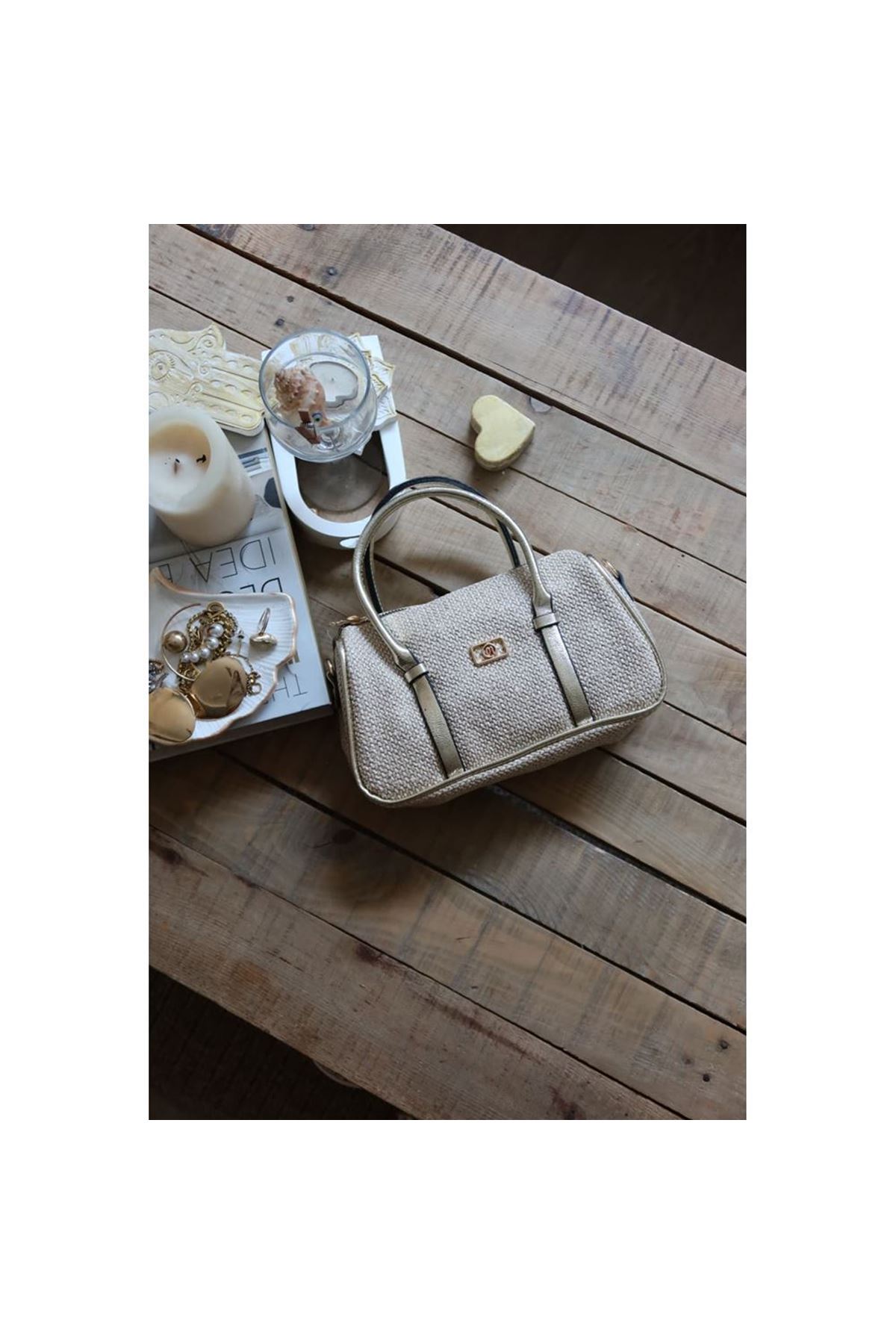 Gold Hasır Doku Çift Şeritli El Omuz Çantası