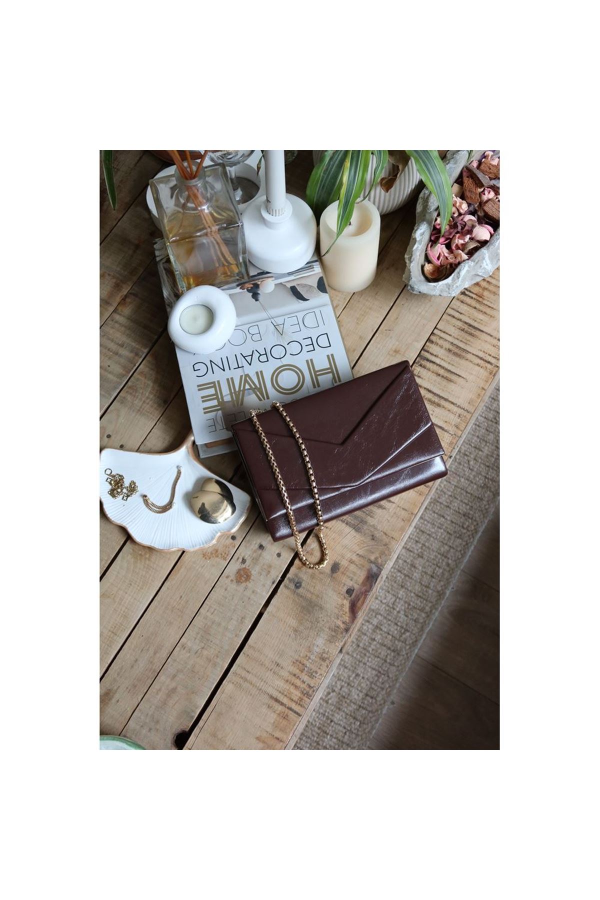 Kadın Acı Kahve Rugan Zarf Kutu Omuz Çantası